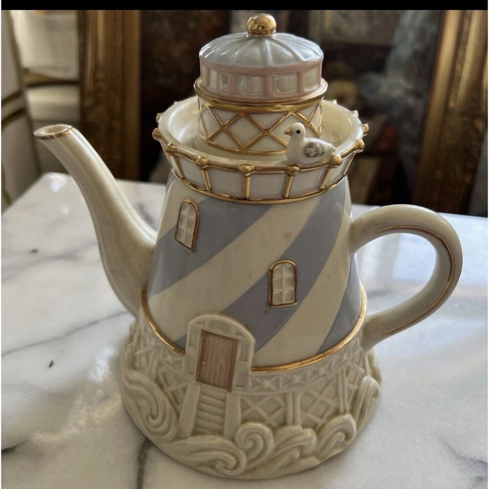 Lennox Seaside Lighthouse Teapot Elegant Whimsical Gold White Fine China
